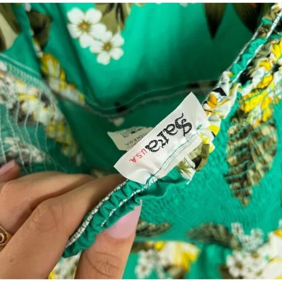 Sara USA Tropical Cotton Halter Dress With Smocked Back Green & Yellow Floral 30 - Picture 4 of 7